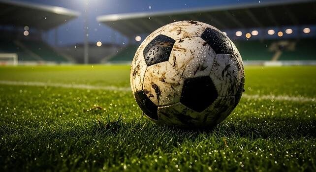 Projektör ışığında ıslak çimde futbol topu